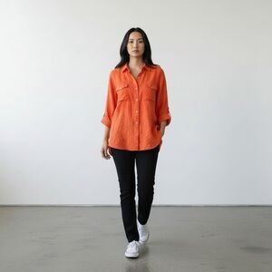 Chicos Design Women's Silk Red Long Sleeve Pocket Button Up Blouse Size XL